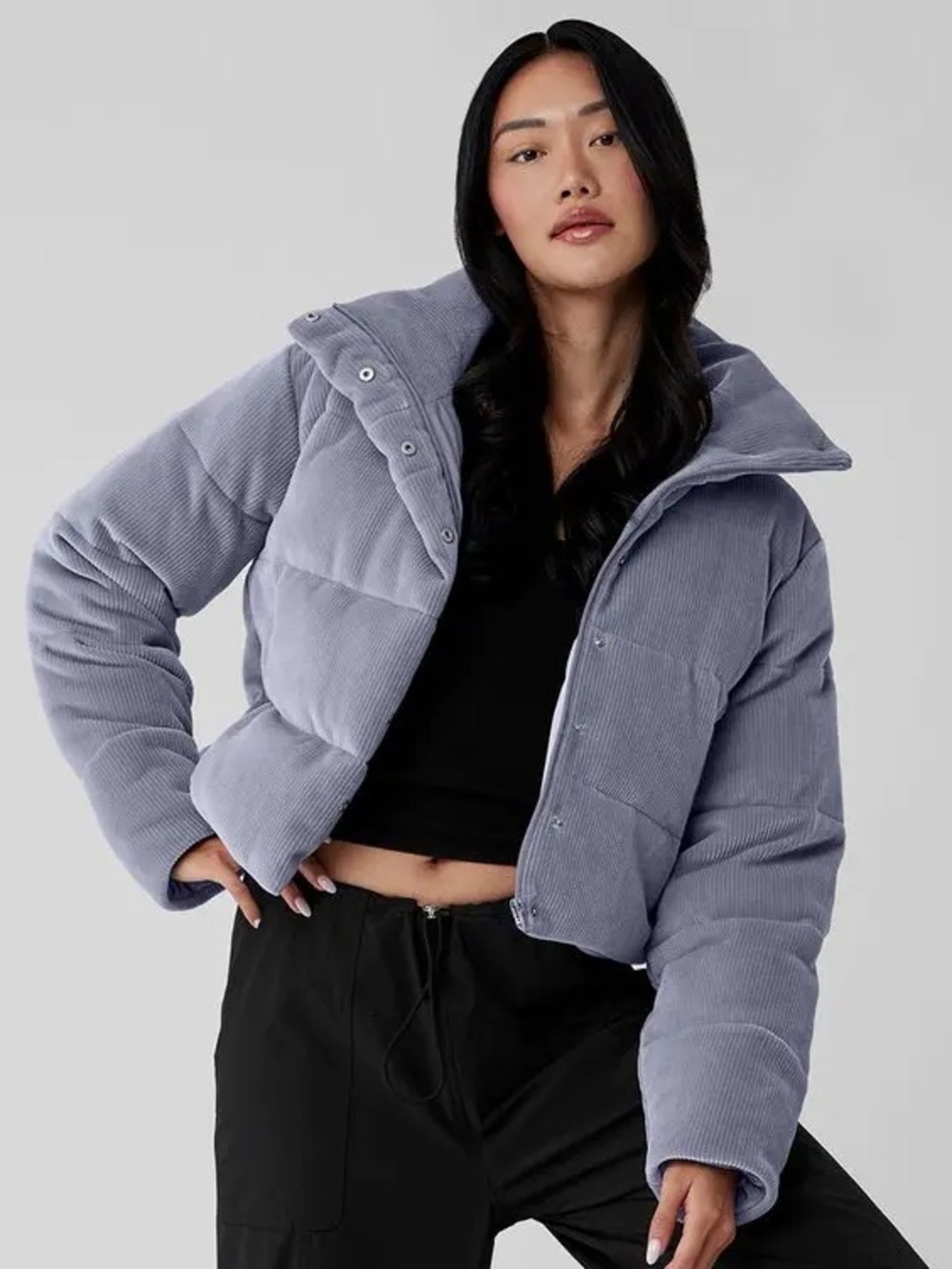 Alo Yoga Ribbed Velour Gold Rush Puffer Jacket - Fog Grey - Size M